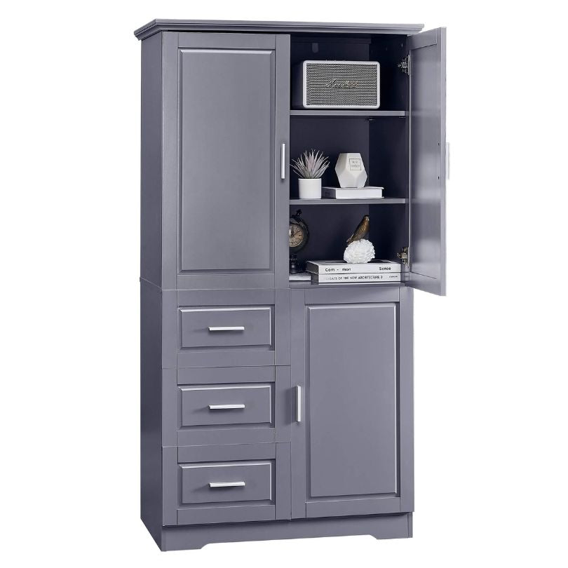 Side angle of the grey cabinet highlighting the adjustable shelves and elegant finish.