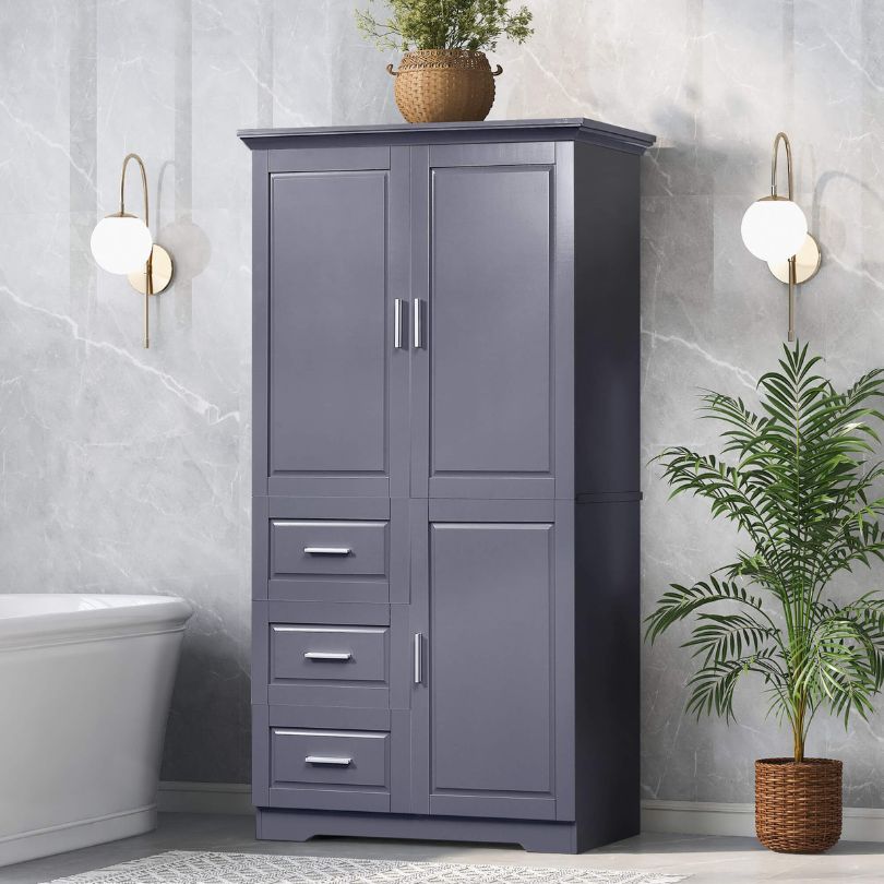 Side angle of the grey cabinet highlighting the adjustable shelves and elegant finish.