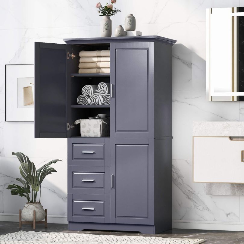 Front view of the tall grey storage cabinet showcasing its modern design and spacious drawers.