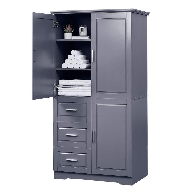 Front view of the tall grey storage cabinet showcasing its modern design and spacious drawers.