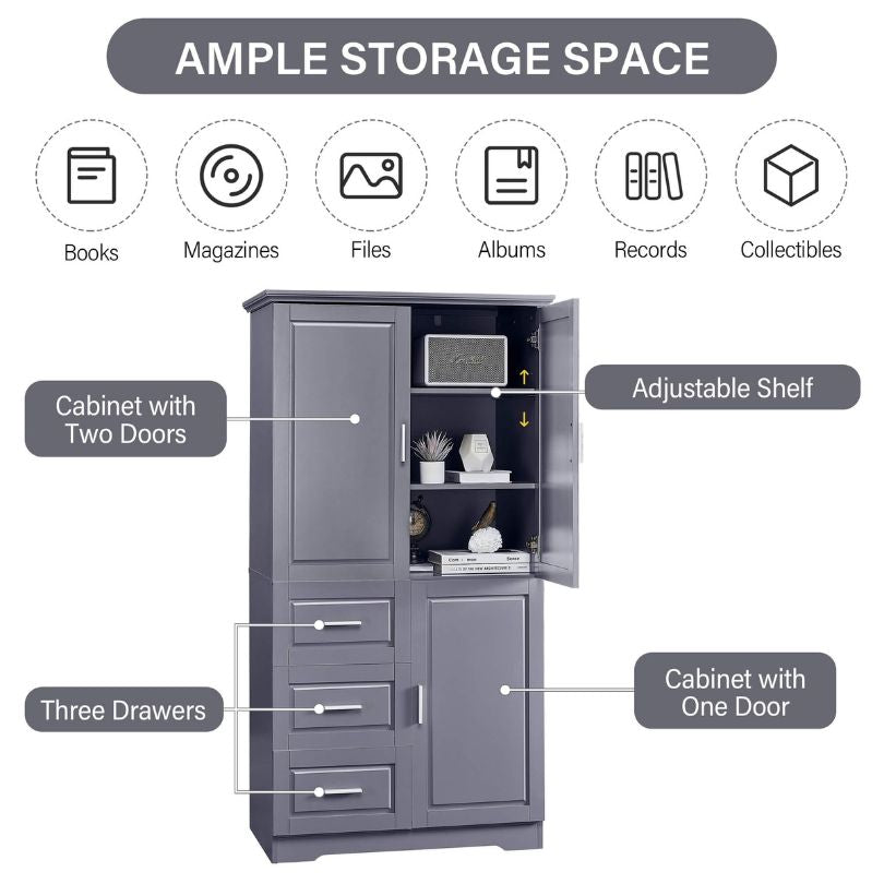 Front view of the tall grey storage cabinet showcasing its modern design and spacious drawers.