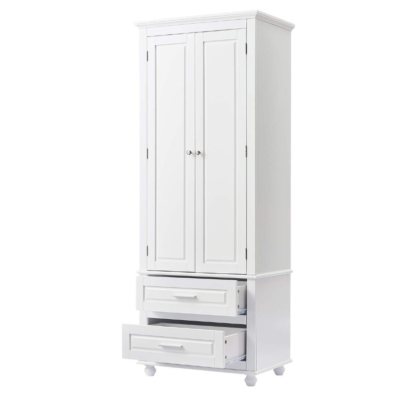 Full view of the tall storage cabinet in a stylish bathroom setting, demonstrating its capacity and chic design.