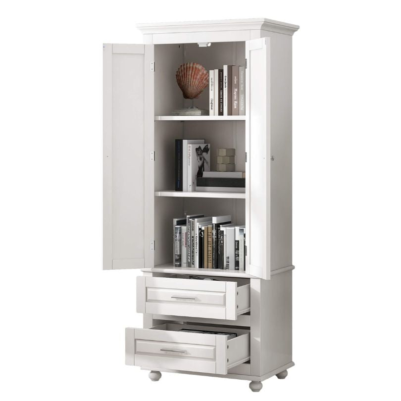 Elegant tall white bathroom cabinet showcasing two doors and drawers, designed for modern interiors.