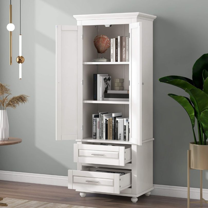 Elegant tall white bathroom cabinet showcasing two doors and drawers, designed for modern interiors.