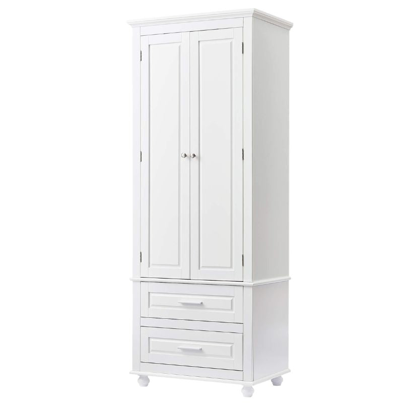 Close-up view of the adjustable shelves inside the white bathroom storage cabinet, highlighting its functionality.