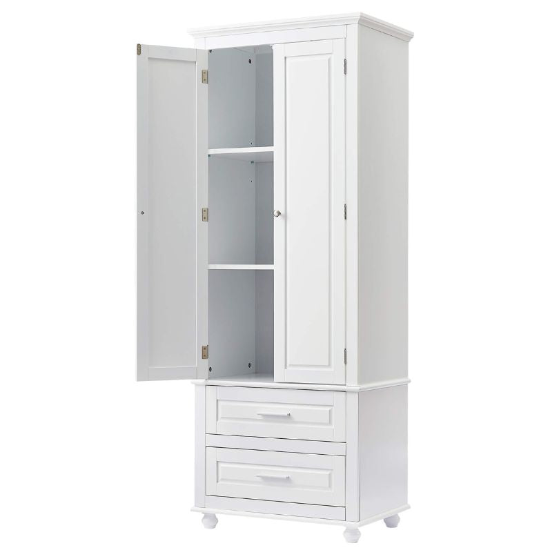 Close-up view of the adjustable shelves inside the white bathroom storage cabinet, highlighting its functionality.