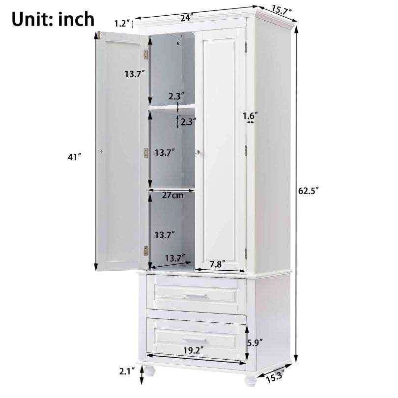 Full view of the tall storage cabinet in a stylish bathroom setting, demonstrating its capacity and chic design.