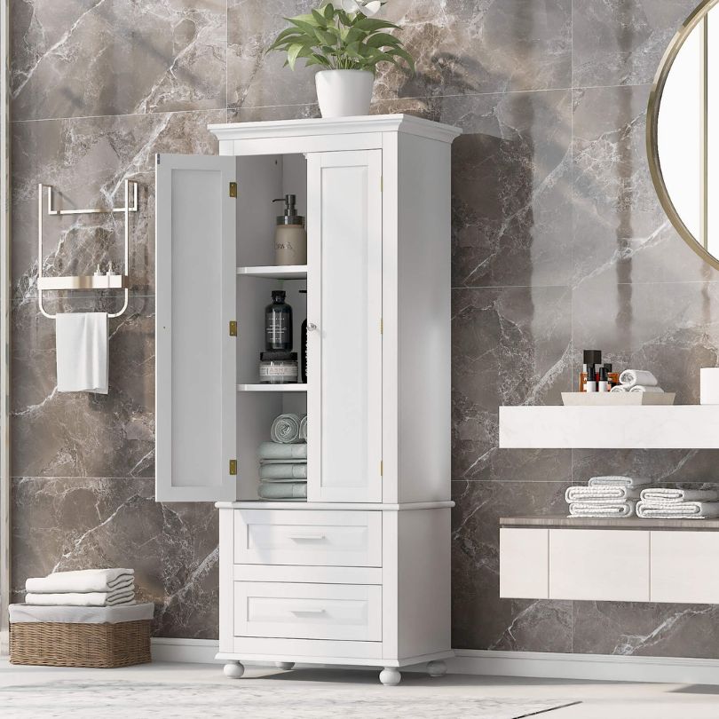 Elegant tall white bathroom cabinet showcasing two doors and drawers, designed for modern interiors.