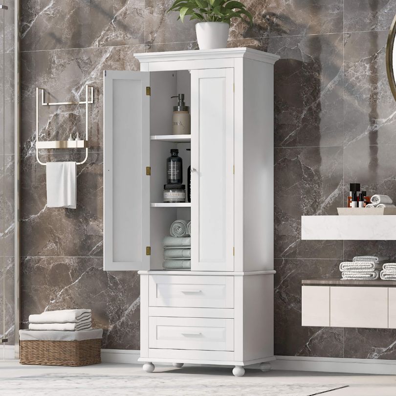 Full view of the tall storage cabinet in a stylish bathroom setting, demonstrating its capacity and chic design.