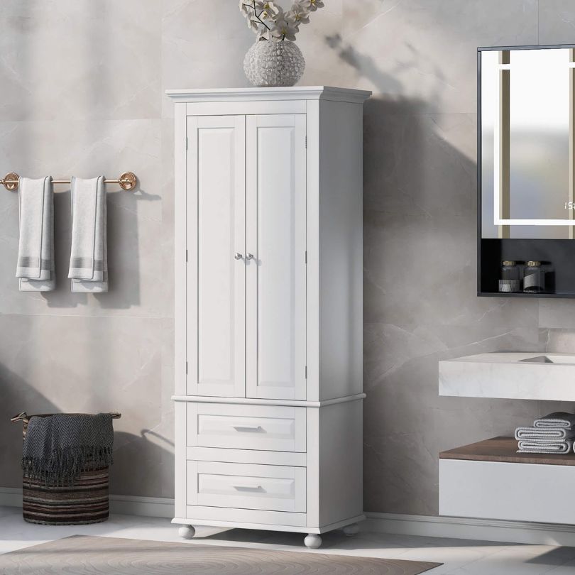 Close-up view of the adjustable shelves inside the white bathroom storage cabinet, highlighting its functionality.