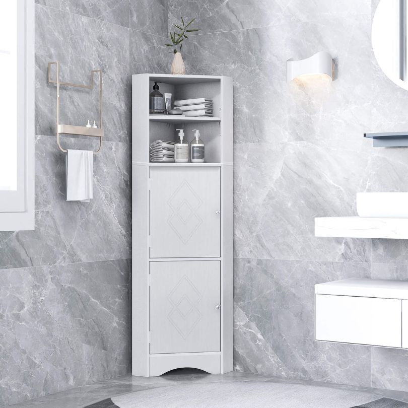 Tall white corner cabinet showcasing adjustable shelves in a modern bathroom setting.