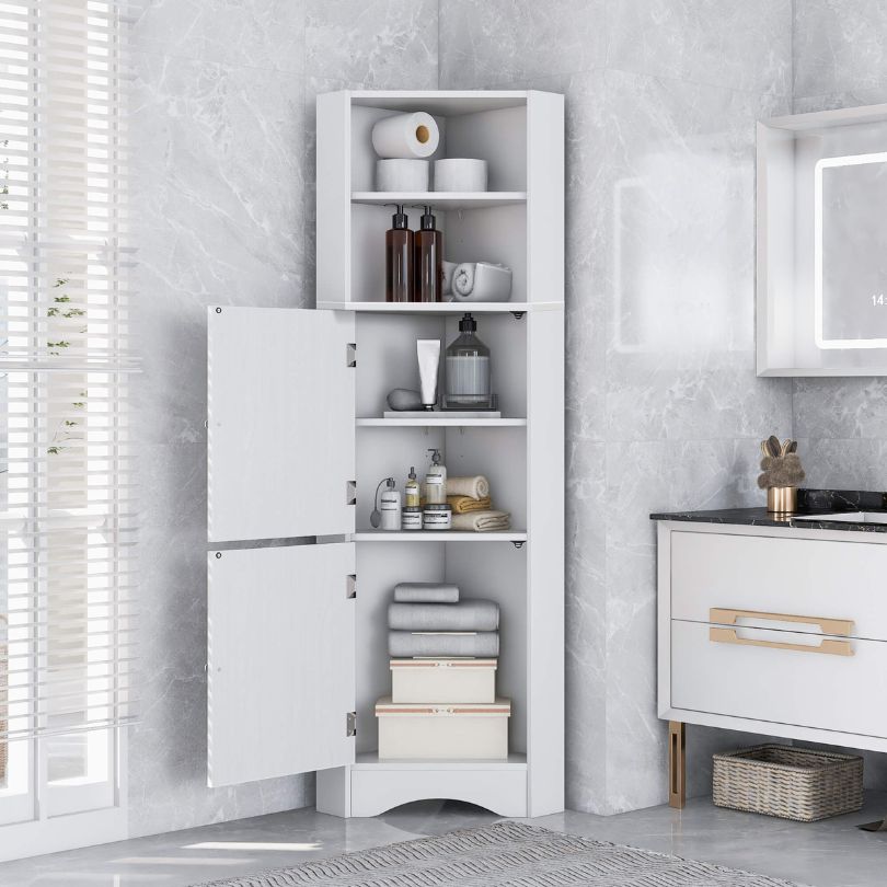 Sleek Tall White Corner Storage Cabinet for Bathrooms - Image 3