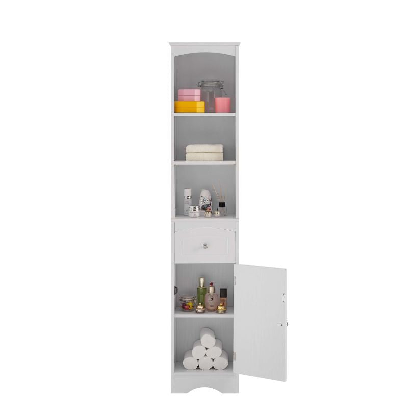 Side view of the elegant tall storage cabinet, displaying the adjustable shelf and modern finish.