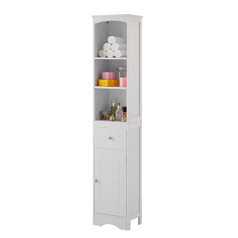 Front view of the tall white freestanding bathroom cabinet with drawer, highlighting its sleek design and spacious storage.
