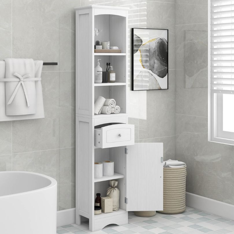 Interior shot of the bathroom cabinet drawer, featuring organized bathroom items for easy access.