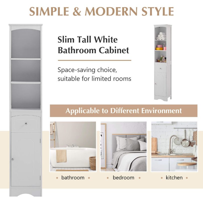 Front view of the tall white freestanding bathroom cabinet with drawer, highlighting its sleek design and spacious storage.