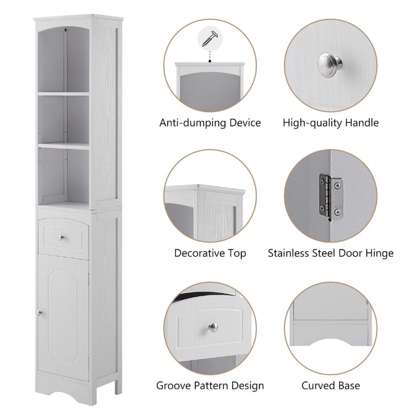 Side view of the elegant tall storage cabinet, displaying the adjustable shelf and modern finish.