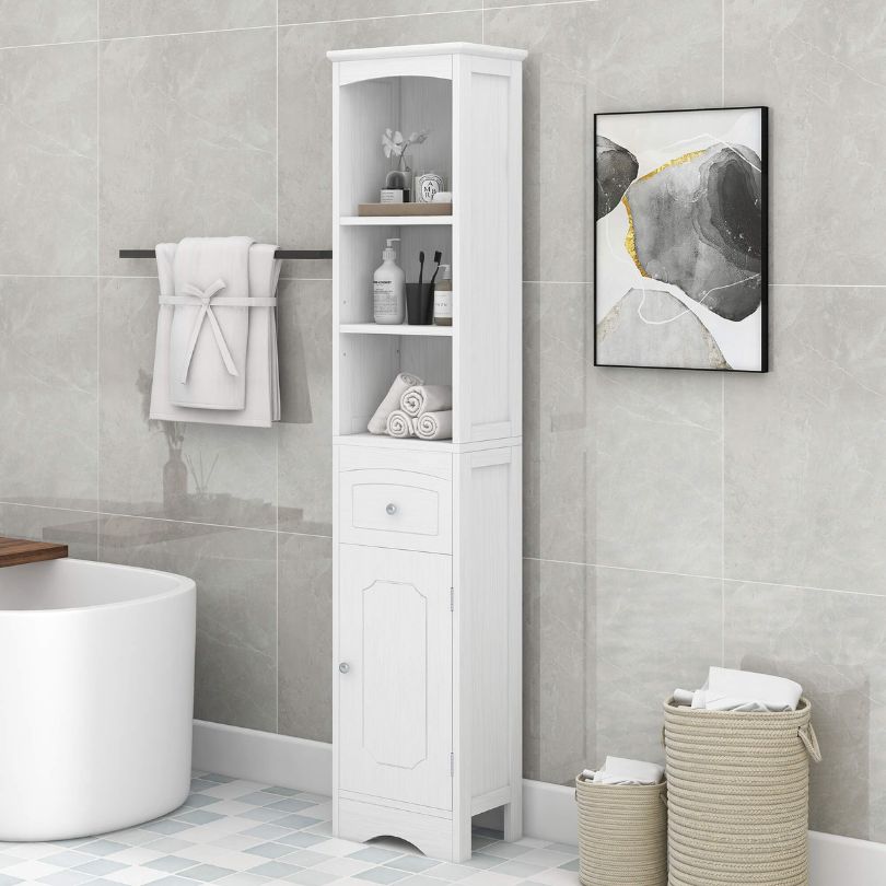 Front view of the tall white freestanding bathroom cabinet with drawer, highlighting its sleek design and spacious storage.