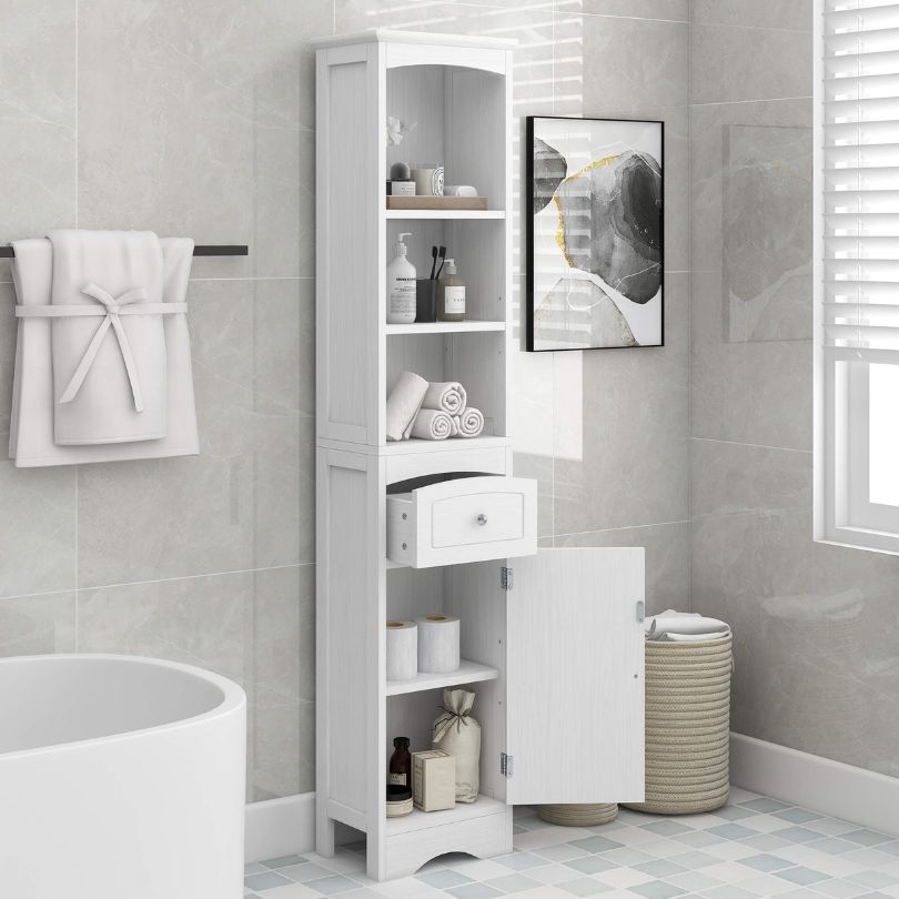 Side view of the elegant tall storage cabinet, displaying the adjustable shelf and modern finish.
