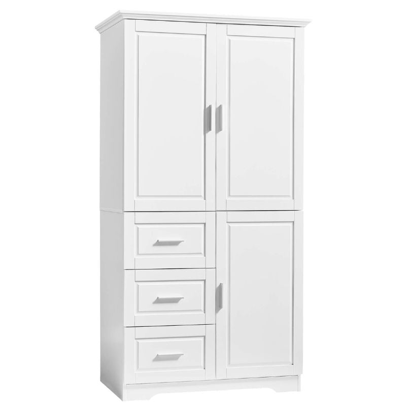 Interior view of tall white cabinet with adjustable shelves, ideal for organizing various items.