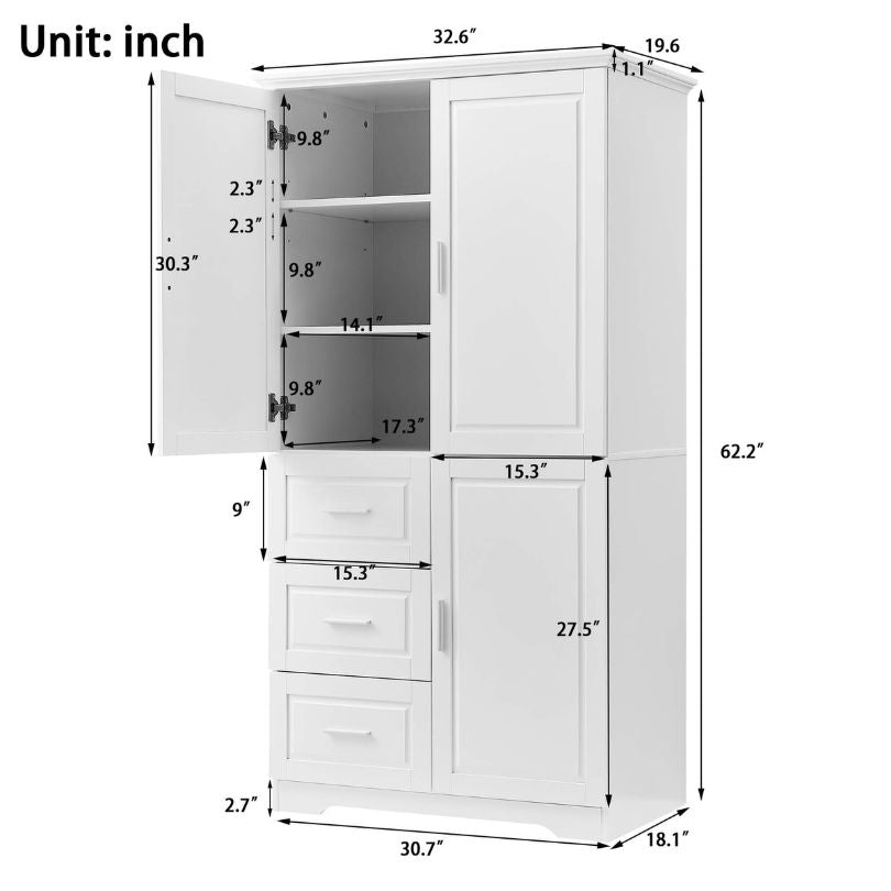 Tall white storage cabinet with adjustable shelves and drawers, showcasing its elegant design.