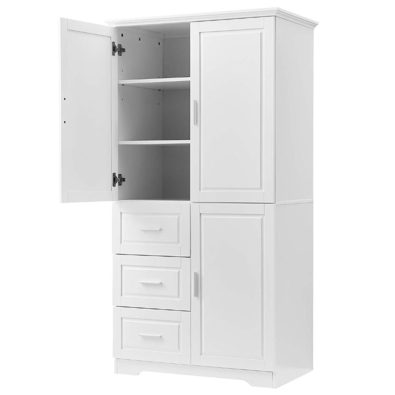 Close-up of the drawers in the tall white cabinet, highlighting the sleek finish and functionality.