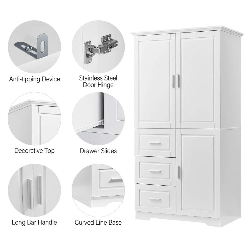 Close-up of the drawers in the tall white cabinet, highlighting the sleek finish and functionality.