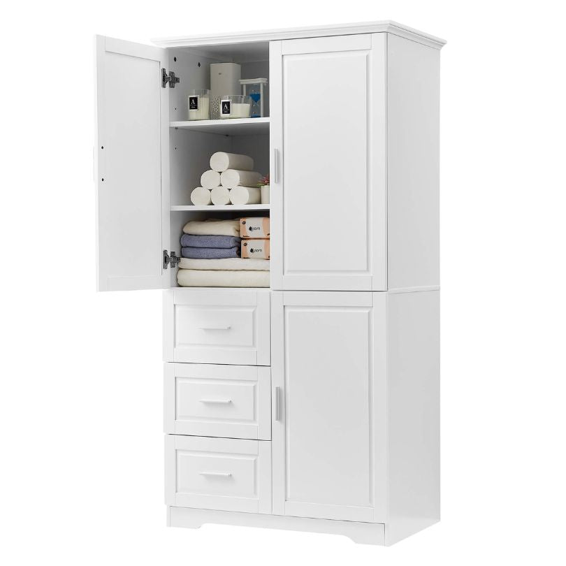 Tall white storage cabinet with adjustable shelves and drawers, showcasing its elegant design.