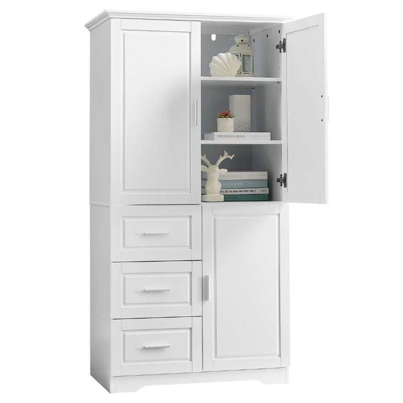 Interior view of tall white cabinet with adjustable shelves, ideal for organizing various items.