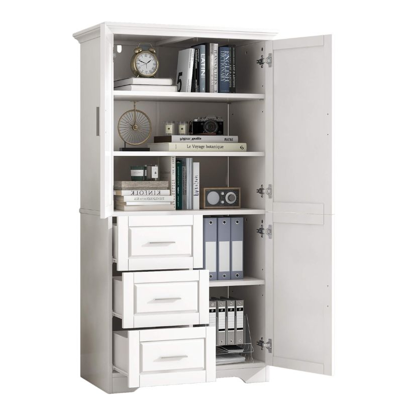 Close-up of the drawers in the tall white cabinet, highlighting the sleek finish and functionality.