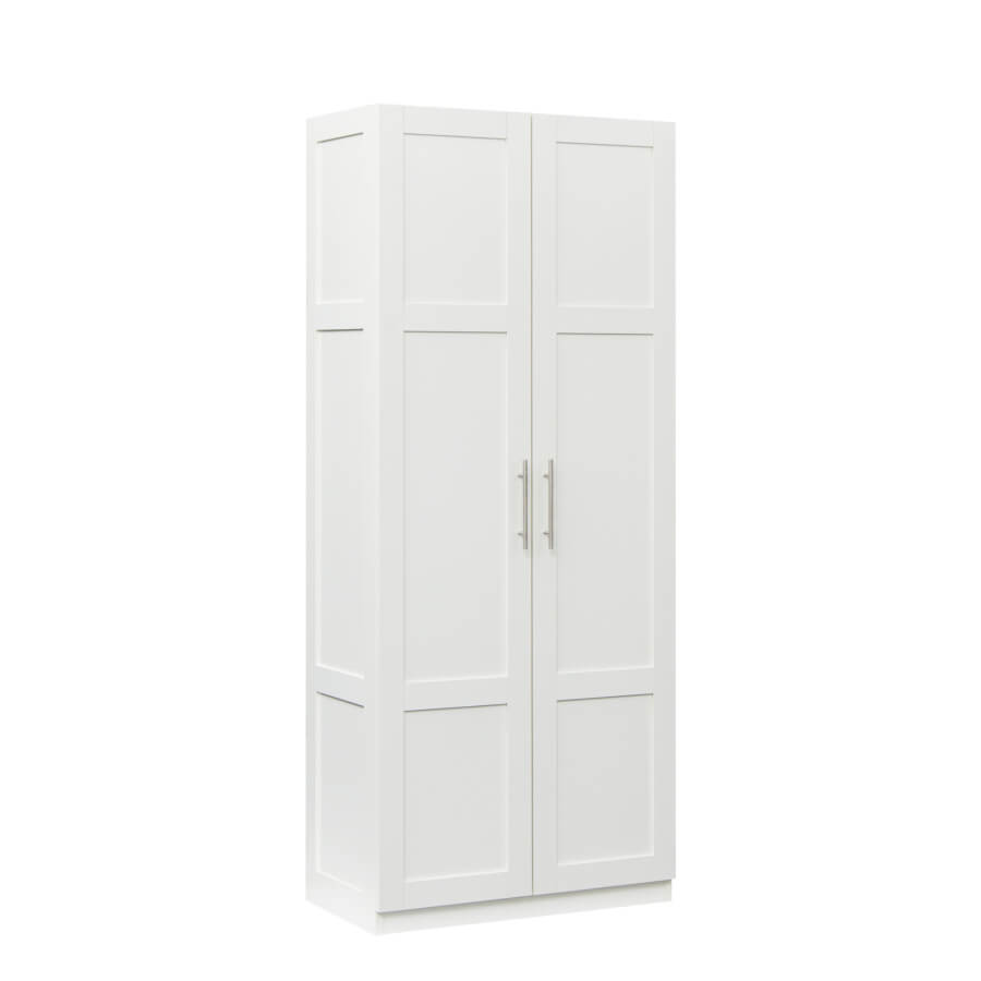 Elegant tall white armoire showcasing its spacious interior and adjustable shelves.