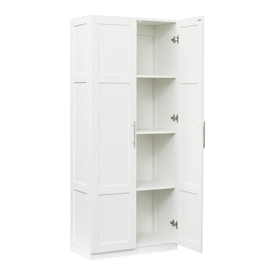 Modern white wardrobe armoire with sleek design and metal pulls in a cozy office.