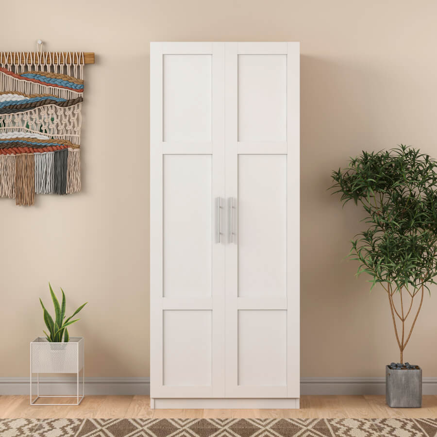 Versatile wooden storage cabinet displayed in a beautifully organized bedroom.