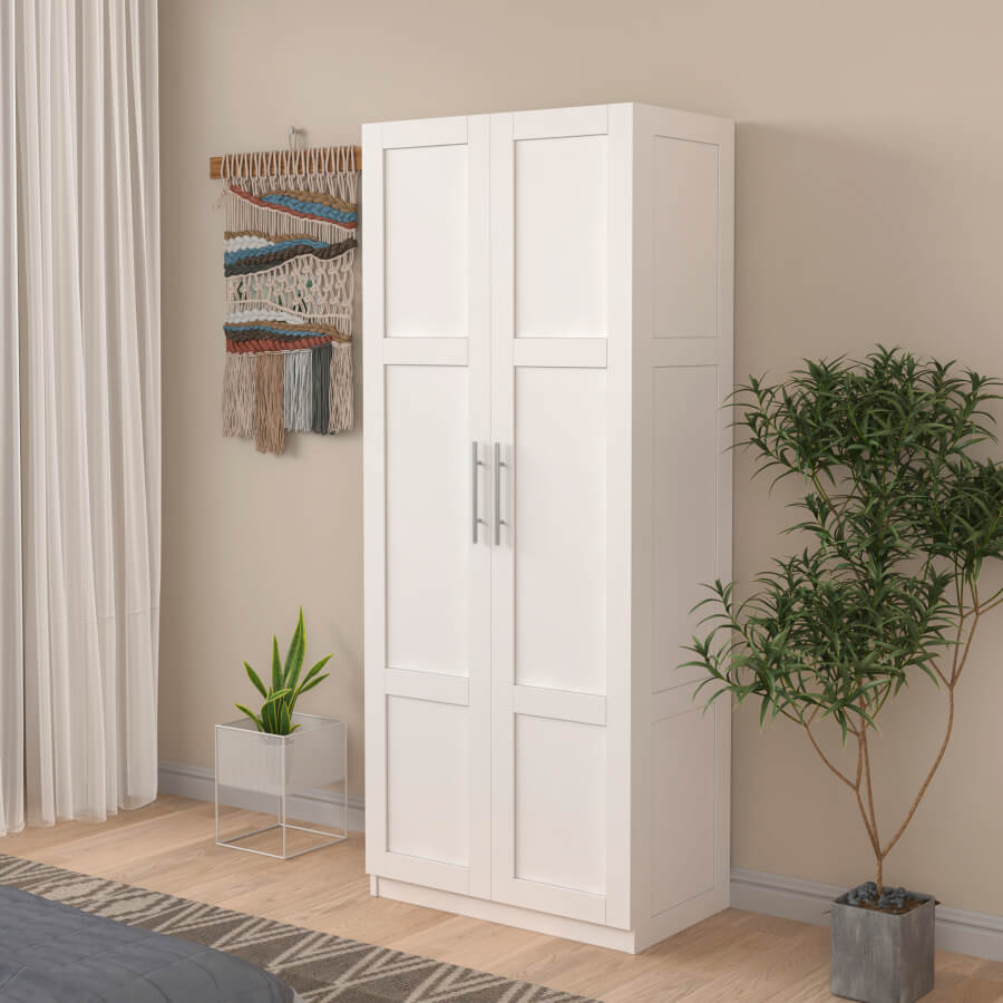 Elegant tall white armoire showcasing its spacious interior and adjustable shelves.