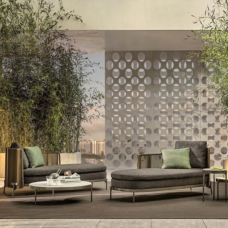 Comfortable outdoor sofa set arranged on a rooftop terrace