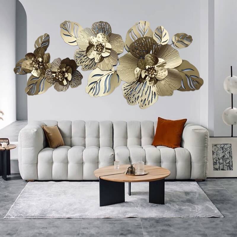 Elegant modern wrought iron wall art showcasing vibrant colors in a living room setting.