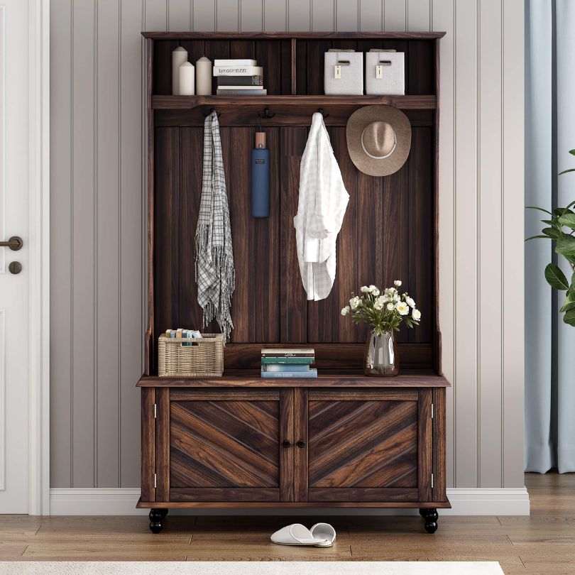 Front view of the vintage-inspired 3-in-1 hall tree showcasing its stylish design and storage features.