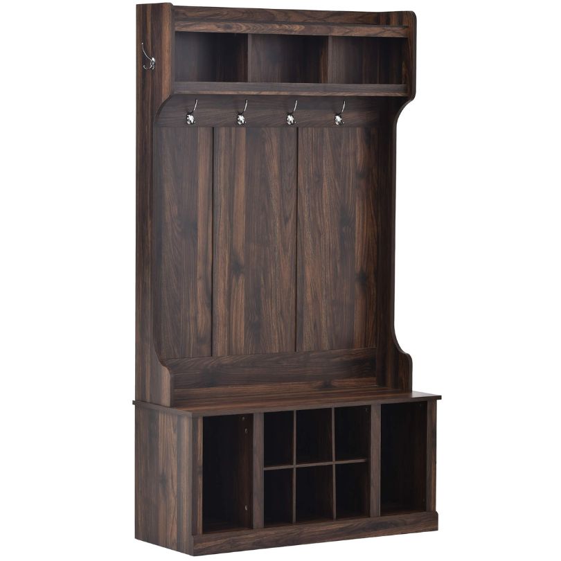 Side view of the hall tree showcasing its hooks and storage bench.