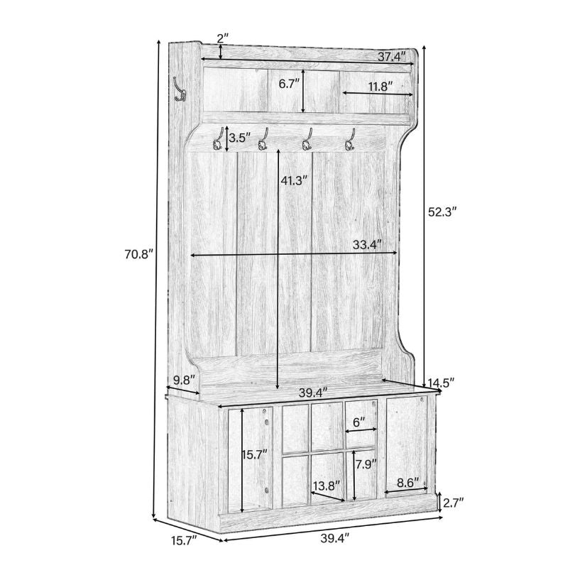 Side view of the hall tree showcasing its hooks and storage bench.