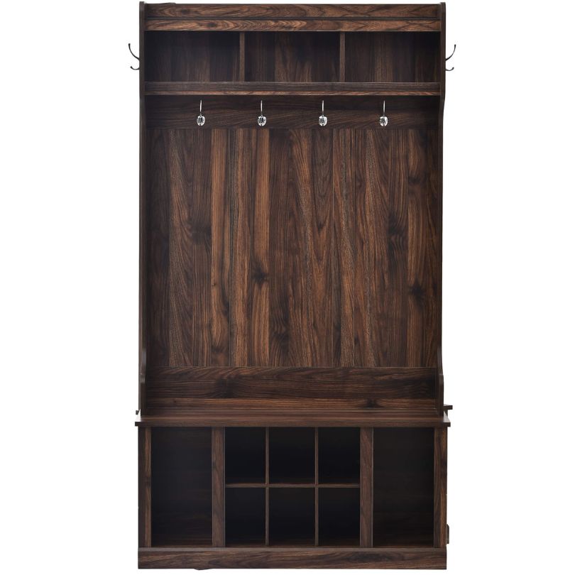 Elegant entryway hall tree with storage bench and hooks from the front angle.