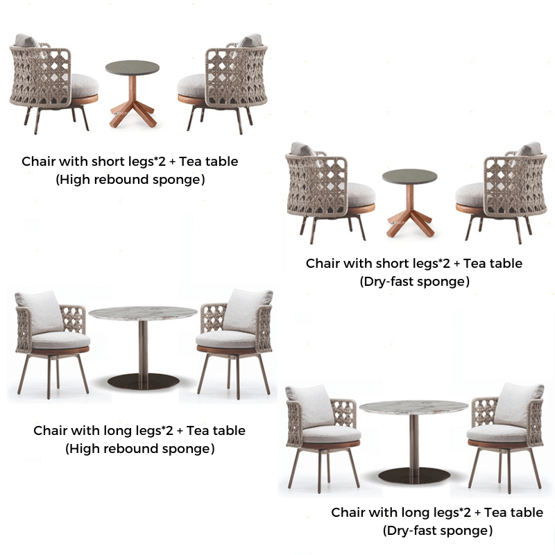 Serenity Teak Outdoor Conversational Set from the side, showcasing the Ecru and Dark Brown woven design.