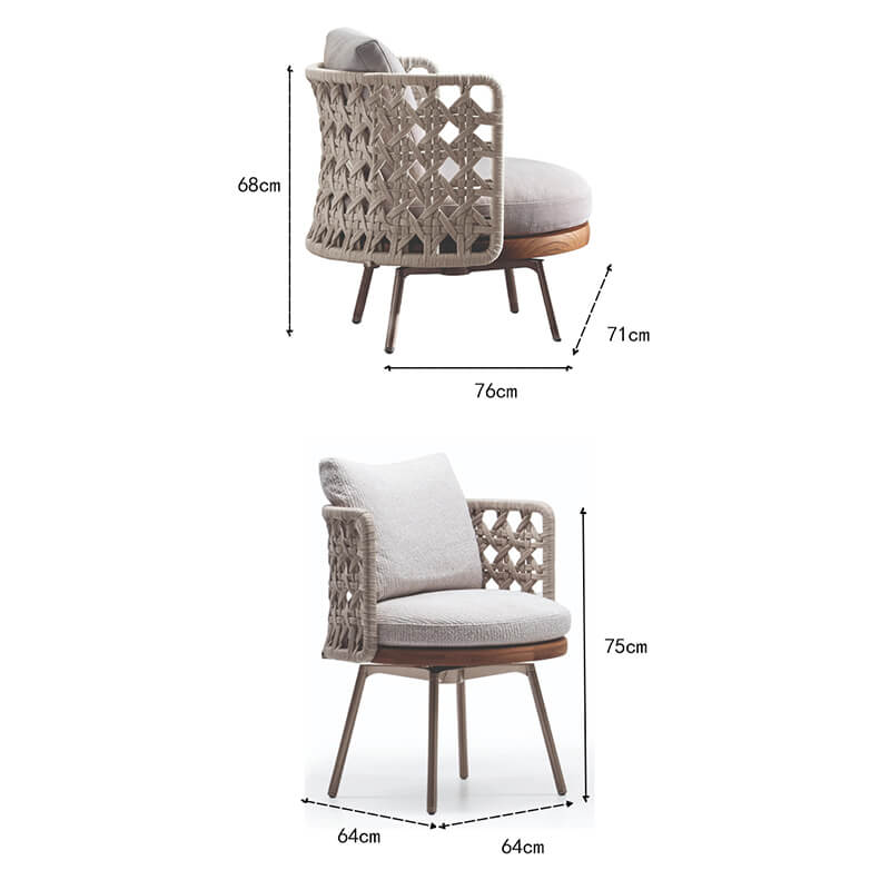 Serenity Teak Outdoor Conversational Set from the side, showcasing the Ecru and Dark Brown woven design.