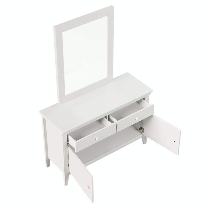 Top view of the dresser displaying decorative items and its smooth surface.