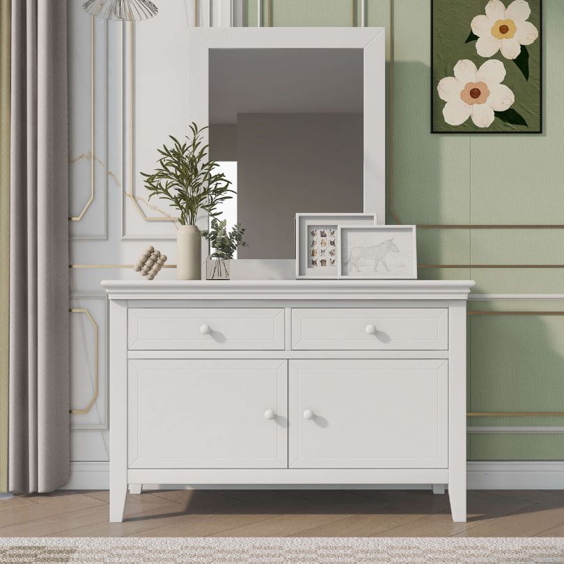 Front view of the elegant white solid wood dresser showcasing its spacious drawers.