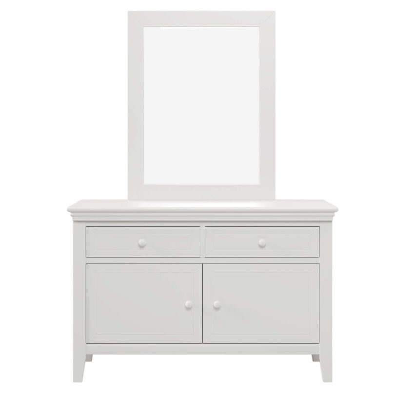 Top view of the dresser displaying decorative items and its smooth surface.