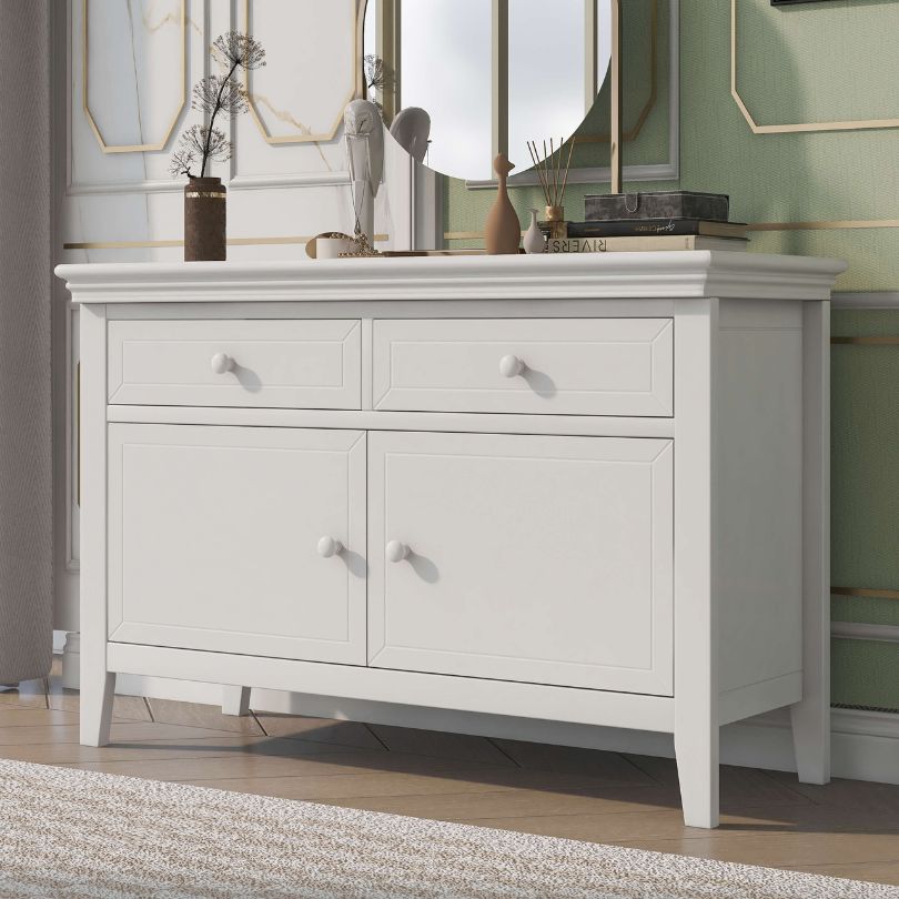 Front view of the elegant white solid wood dresser showcasing its spacious drawers.