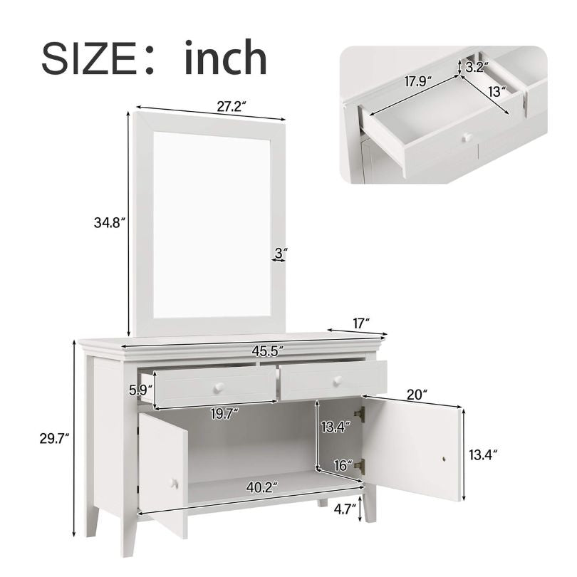 Front view of the elegant white solid wood dresser showcasing its spacious drawers.
