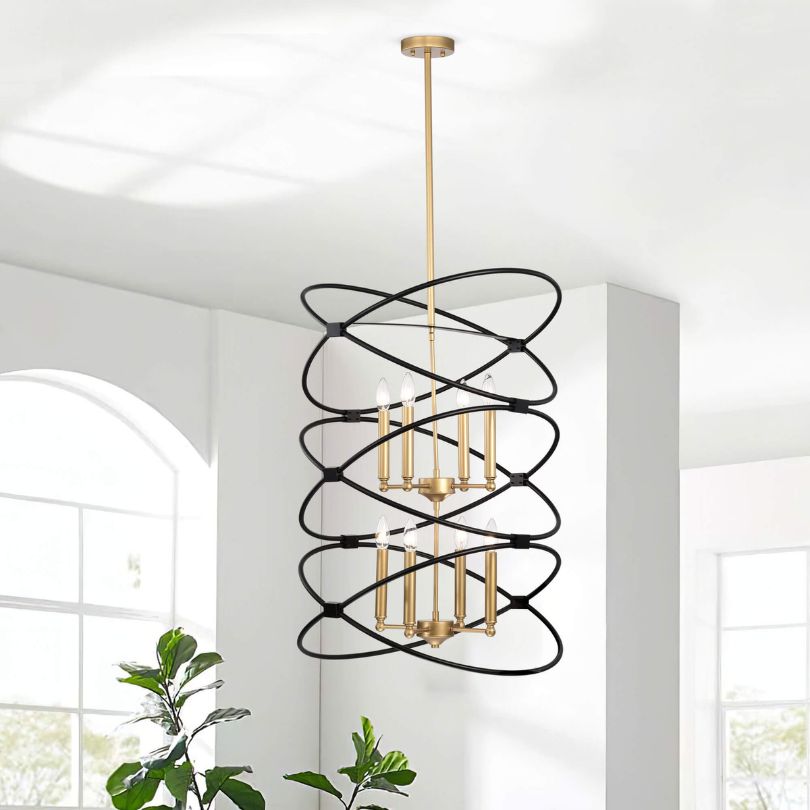 Wide view of chandelier in upscale dining setting with dimmed lights, emphasizing its adjustable brightness.