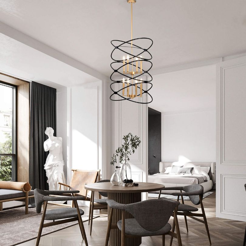 Wide view of chandelier in upscale dining setting with dimmed lights, emphasizing its adjustable brightness.