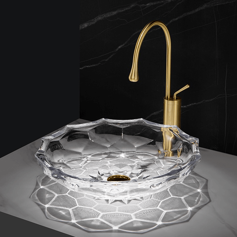 Top angle of the crystal lotus shaped tempered glass sink showcasing the faceted rim and transparency